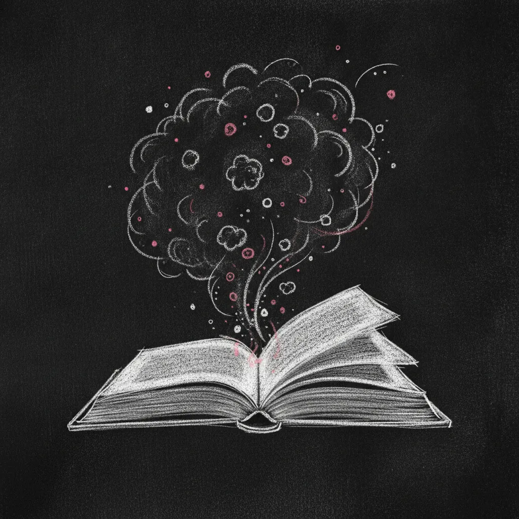 Chalk sketch of a single open hardback book with a swirling cloud of dust particles and small puffs rising from the pages, faint pink accents in the dust
