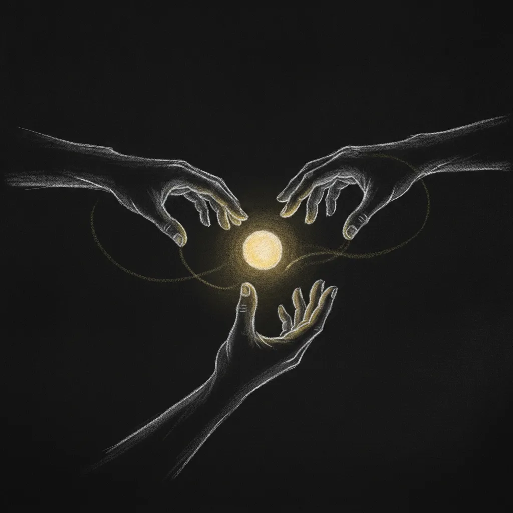 Chalk sketch of three hands from different angles passing a small softly-glowing object between them, buttercup-yellow light trail