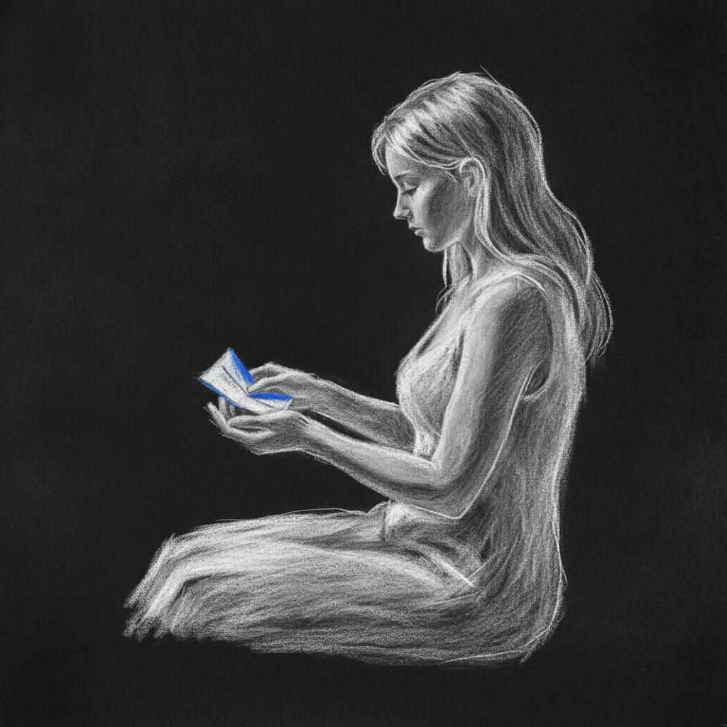 Chalk sketch of a woman drawn from behind holding a small folded slip of paper tenderly in her open palms, a small cobalt-blue accent on the paper